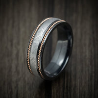 Black Titanium or Black Zirconium Custom Men's Ring with Gibeon Meteorite and 14K Gold Braid Inlays