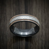 Black Titanium or Black Zirconium Custom Men's Ring with Gibeon Meteorite and 14K Gold Braid Inlays