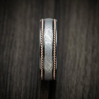 Black Titanium or Black Zirconium Custom Men's Ring with Gibeon Meteorite and 14K Gold Braid Inlays