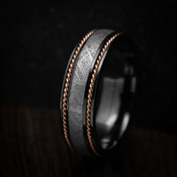 Black Titanium or Black Zirconium Custom Men's Ring with Gibeon Meteorite and 14K Gold Braid Inlays