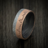 14K Gold Men's Ring with Meteorite Inlay Forged Carbon Fiber Sleeve and Trees Design