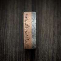 14K Gold Men's Ring with Meteorite Inlay Forged Carbon Fiber Sleeve and Trees Design