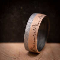 14K Gold Men's Ring with Meteorite Inlay Forged Carbon Fiber Sleeve and Trees Design