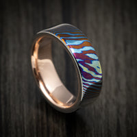 Kuro-Ti Heat-Treated Titanium Damascus Men's Ring with 14K Gold Sleeve Custom Made Band