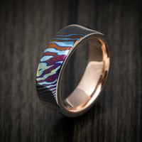Kuro-Ti Heat-Treated Titanium Damascus Men's Ring with 14K Gold Sleeve Custom Made Band