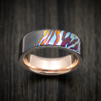 Kuro-Ti Heat-Treated Titanium Damascus Men's Ring with 14K Gold Sleeve Custom Made Band