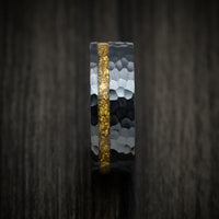 Black Titanium and 24K Raw Gold Nugget Men's Ring with Wood Sleeve Custom Made Band