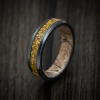Black Titanium or Black Zirconium Custom Men's Ring with 24K Raw Gold Nugget Inlay and a Camo Sleeve