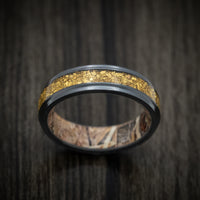 Black Titanium or Black Zirconium Custom Men's Ring with 24K Raw Gold Nugget Inlay and a Camo Sleeve