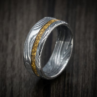 Marble Kuro Damascus Steel and 24K Raw Gold Nugget Men's Ring Custom Made Band