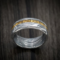 Marble Kuro Damascus Steel and 24K Raw Gold Nugget Men's Ring Custom Made Band