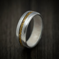 Damascus Steel Men's Ring with 24K Raw Gold Nugget and Antler Sleeve