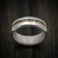 Damascus Steel Men's Ring with 24K Raw Gold Nugget and Antler Sleeve