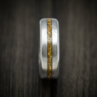 Damascus Steel Men's Ring with 24K Raw Gold Nugget and Antler Sleeve