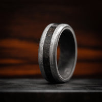 Gibeon Meteorite Ring with Dinosaur Bone Inlay and Forged Carbon Fiber Sleeve