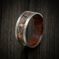 Hammered Titanium Men's Ring with Camo Inlay and Wood Sleeve Custom Made Wedding Band