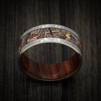 Hammered Titanium Men's Ring with Camo Inlay and Wood Sleeve Custom Made Wedding Band