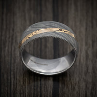 Damascus Steel Men's Ring With Diagonal Mokume Shakudo Inlay Custom Made