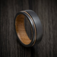 Black Titanium or Black Zirconium Custom Men's Ring with Guitar String Inlay and Whiskey Barrel Hardwood Sleeve