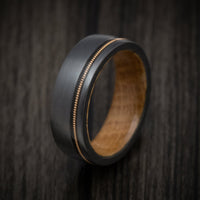 Black Titanium or Black Zirconium Custom Men's Ring with Guitar String Inlay and Whiskey Barrel Hardwood Sleeve