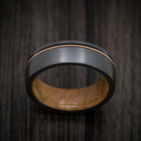Black Titanium or Black Zirconium Custom Men's Ring with Guitar String Inlay and Whiskey Barrel Hardwood Sleeve