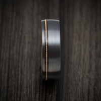 Black Titanium or Black Zirconium Custom Men's Ring with Guitar String Inlay and Whiskey Barrel Hardwood Sleeve