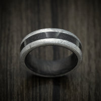 Gibeon Meteorite Men's Ring with Dinosaur Bone Inlay and Forged Carbon Fiber Sleeve