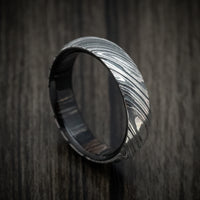 Woodgrain Kuro Damascus Steel Men's Ring With Hardwood Sleeve Custom Made Wood Band