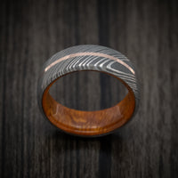 Damascus Steel Men's Ring with Gold Inlay and Wood Sleeve