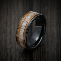 Black Tungsten Men's Ring with Whiskey Barrel Wood and Antler Inlays