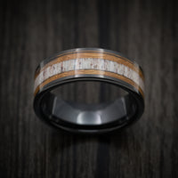 Black Tungsten Men's Ring with Whiskey Barrel Wood and Antler Inlays