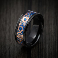 Black Tungsten Men's Ring with Blue Carbon Fiber and Mechanical Pattern