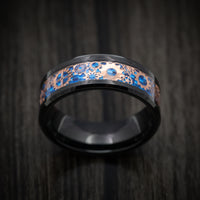 Black Tungsten Men's Ring with Blue Carbon Fiber and Mechanical Pattern