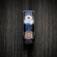 Black Tungsten Men's Ring with Blue Carbon Fiber and Mechanical Pattern