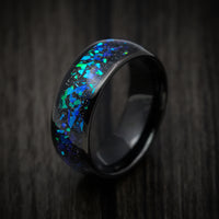Black Tungsten Men's Ring with Opal and Abalone Inlay