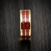 Golden Tungsten Men's Ring with Red Spark Inlay Custom Made Band