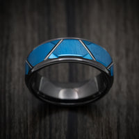 Black Tungsten Men's Ring with Anodized Blue Accents Custom Made Band