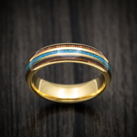 Golden Tungsten Men's Ring with Turquoise and Rosewood Inlays Custom Made Band