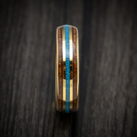 Golden Tungsten Men's Ring with Turquoise and Rosewood Inlays Custom Made Band