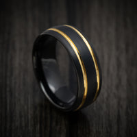Black Tungsten Men's Ring with Golden Inlays Custom Made Band
