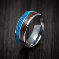 Tungsten Men's Ring with Opal and Koa Wood Inlays Custom Made Band
