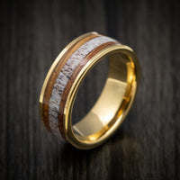 Golden Tungsten Men's Ring with Whiskey Barrel Wood and Antler Inlays