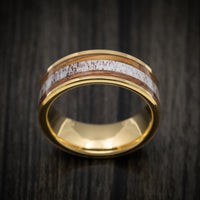 Golden Tungsten Men's Ring with Whiskey Barrel Wood and Antler Inlays
