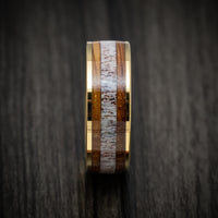 Golden Tungsten Men's Ring with Whiskey Barrel Wood and Antler Inlays