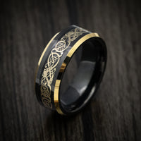 Black Tungsten Men's Ring with Golden Dragon Inlay
