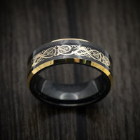 Black Tungsten Men's Ring with Golden Dragon Inlay