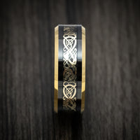 Black Tungsten Men's Ring with Golden Dragon Inlay