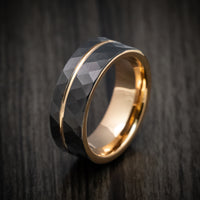 Black Tungsten Faceted Men's Ring with Golden Inlay and Sleeve
