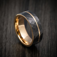 Black Tungsten Faceted Men's Ring with Golden Inlay and Sleeve