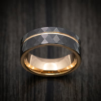 Black Tungsten Faceted Men's Ring with Golden Inlay and Sleeve